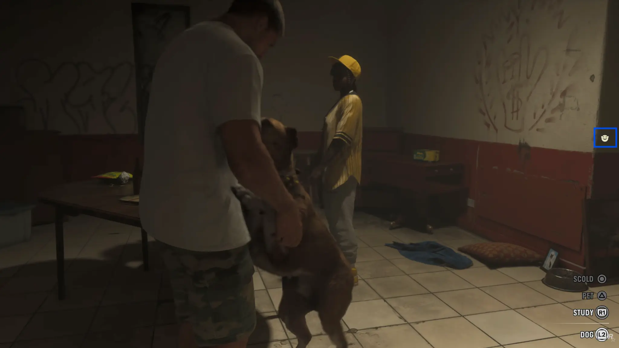 Jason interactuando con un perro mientras aparece un icono sonriente en GTA VI